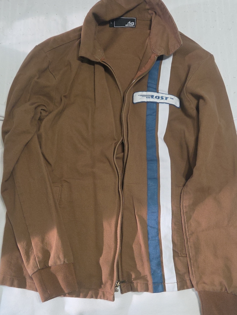 Lost Brown Zip-Up Jacket with Blue and White Stripe